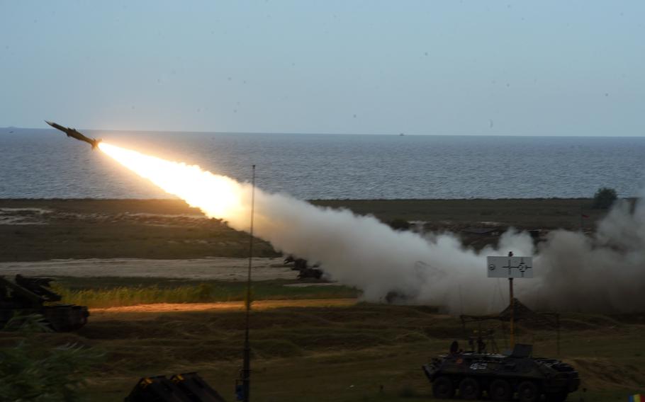 A Romanian SA-6 missile launcher being fired in Capu Midia, Romania, Thursday, June 20, 2019.