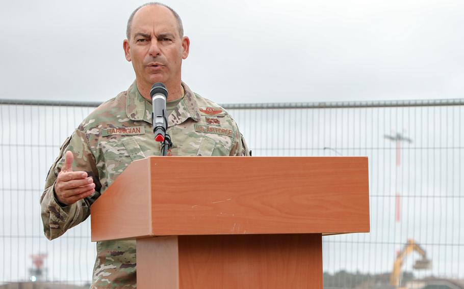 Gen. Jeffrey Harrigian, commander of U.S. Air Forces in Europe - Air Forces Africa and Allied Air Command talks about the new F-35 Lightning II facilities on RAF Lakenheath at a groundbreaking ceremony on Monday, July 15, 2019.