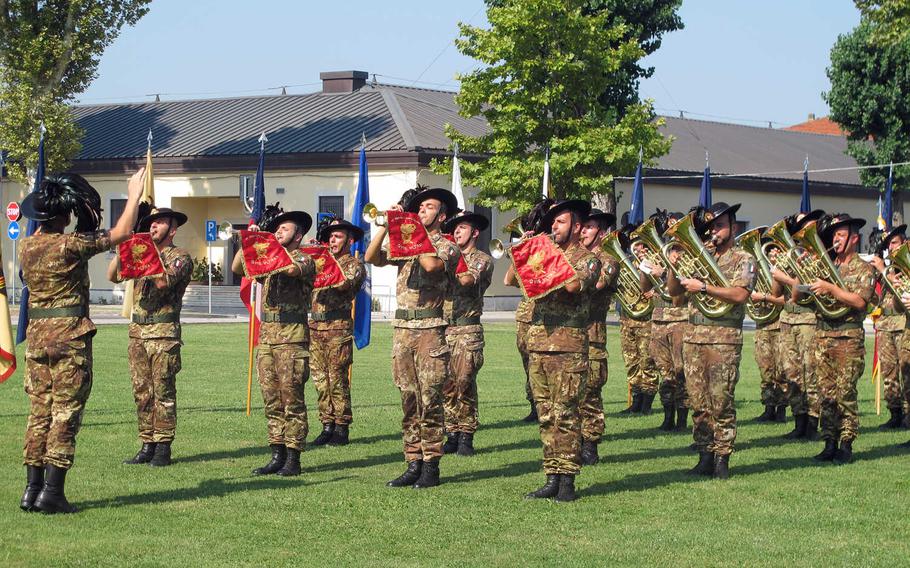 An Italian military brass band provides the music for the U.S. Army Garrison Italy change-of-command ceremony Wednesday, July 24, 2019, on Caserma Ederle in Vicenza, Italy. Col. Daniel Vogel took garrison command from Col. Erik Berdy.
