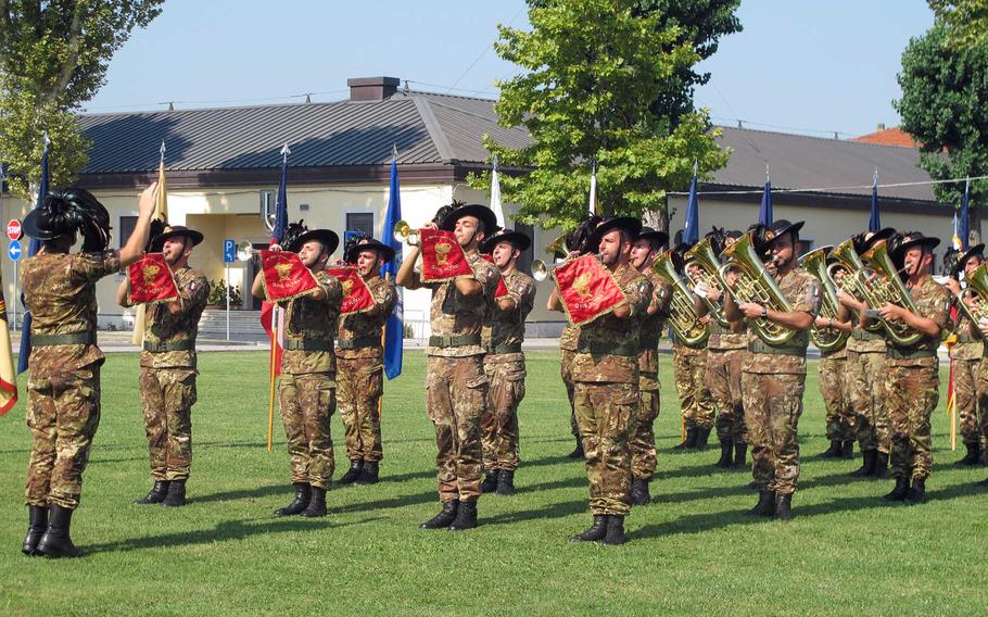 An Italian military brass band provides the music for the U.S. Army Garrison Italy change-of-command ceremony Wednesday, July 24, 2019, on Caserma Ederle in Vicenza, Italy. Col. Daniel Vogel took garrison command from Col. Erik Berdy.
