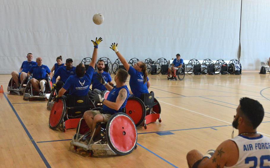 Wounded warriors play wheelchair rugby during the Warrior Care event at Ramstein Air Base, Germany, Tuesday, July 23, 2019. There were 139 people participating in the event, including 43 wounded warriors.