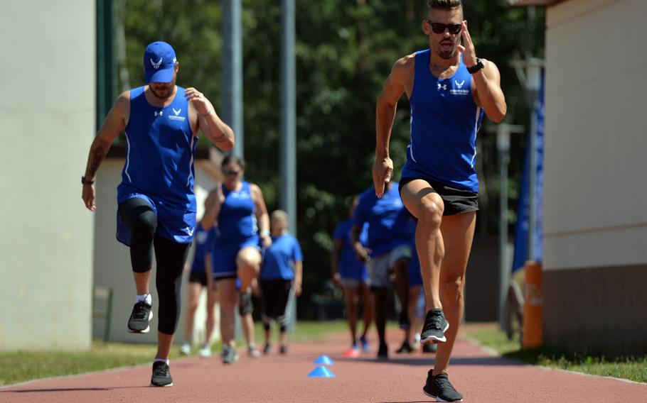 Wounded warriors do running drills at the Warrior Care event at Ramstein Air Base, Germany, Tuesday, July 23, 2018.  The event, which is part of the Air Force Wounded Warrior program, is the first of its kind at an Air Force base in Europe.