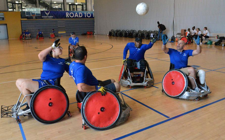 Wounded warriors practice wheelchair rugby at the Warrior Care event at Ramstein Air Base, Germany.  The event, which is part of the Air Force Wounded Warrior program, is the first of its kind at an Air Force base in Europe.