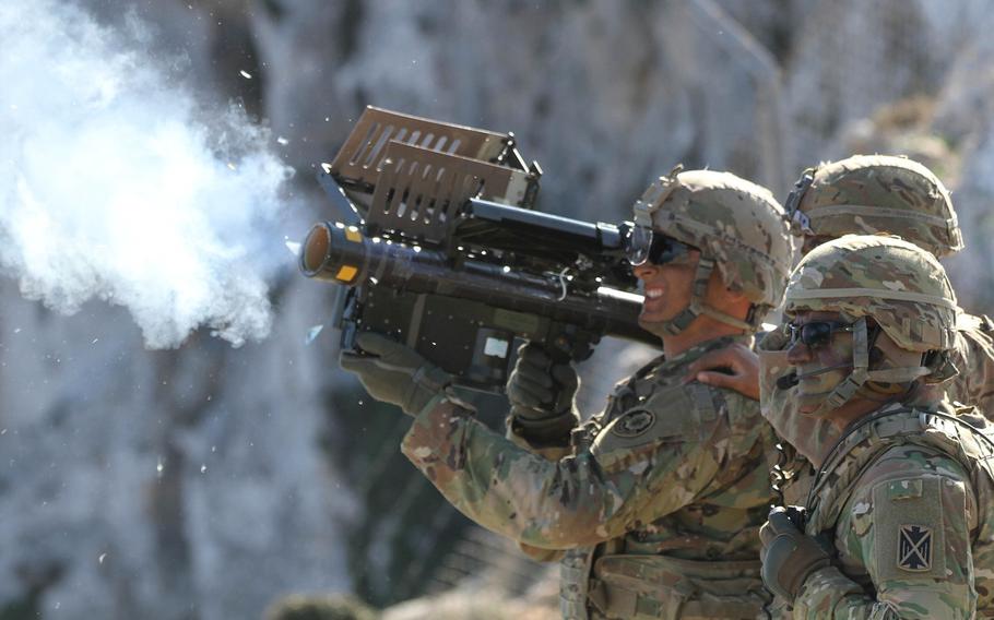Spc. Matthew Williams, a cavalry scout assigned to 2nd Cavalry Regiment fires a Stinger missile using Man-Portable Air Defense Systems during Artemis Strike, a live fire exercise off the coast of Crete, Greece, in 2017.  