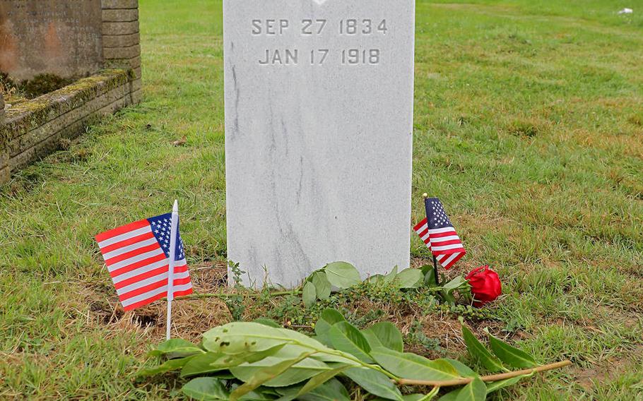 The gravestone of Union Army Maj. Seth Watson Herrick at Hendon Cemetery in north London is seen after a dedication ceremony held Saturday, July 27, 2019. Herrick, who served in the 2nd Maryland Eastern Shore Infantry for three years during the Civil War and became a British citizen afterward, was buried 101 years ago without a headstone. 