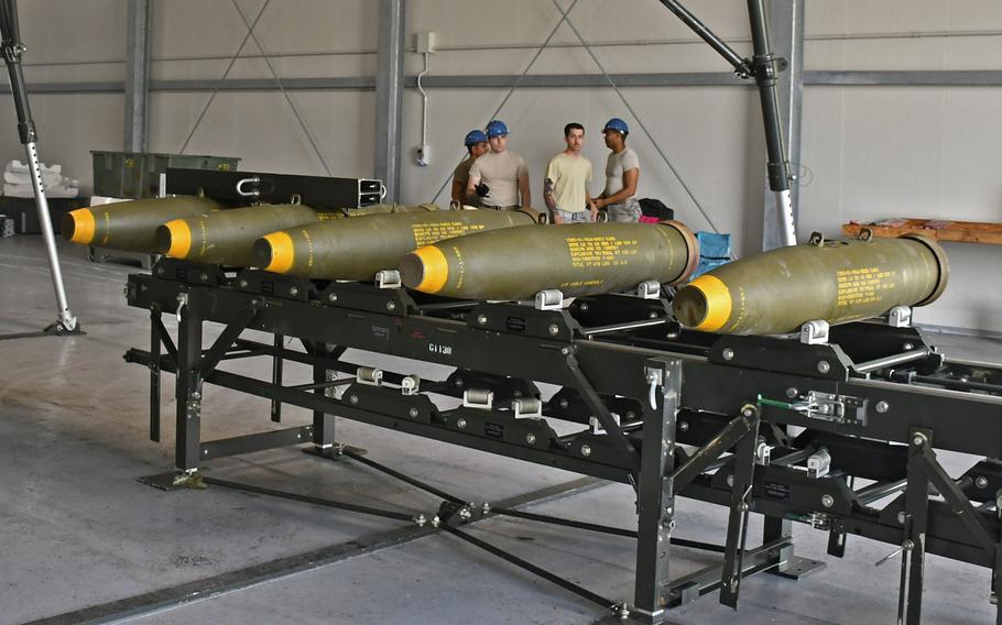 Disassembled bombs rest on an assembly line during the Combat Ammunition Production Exercise, held at Aviano Air Base, Italy, August 7, 2019.