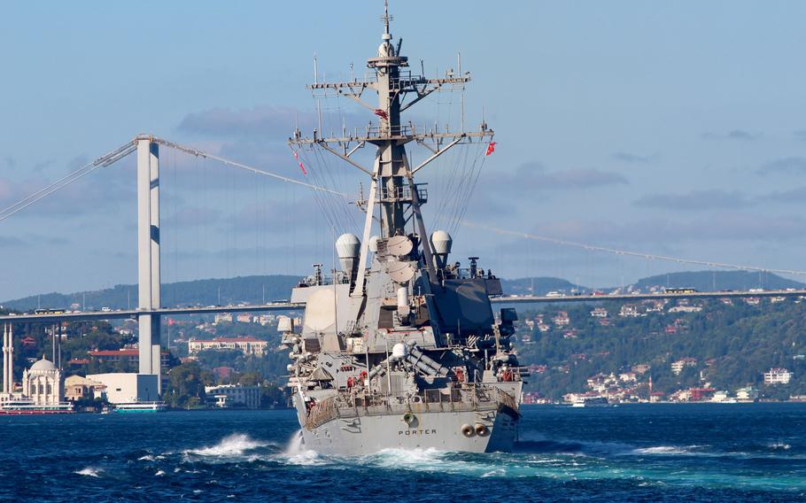 The U.S. Navy destroyer USS Porter is seen transiting the Bosporus on Thursday, Aug. 8, 2019, on its way to the Black Sea.