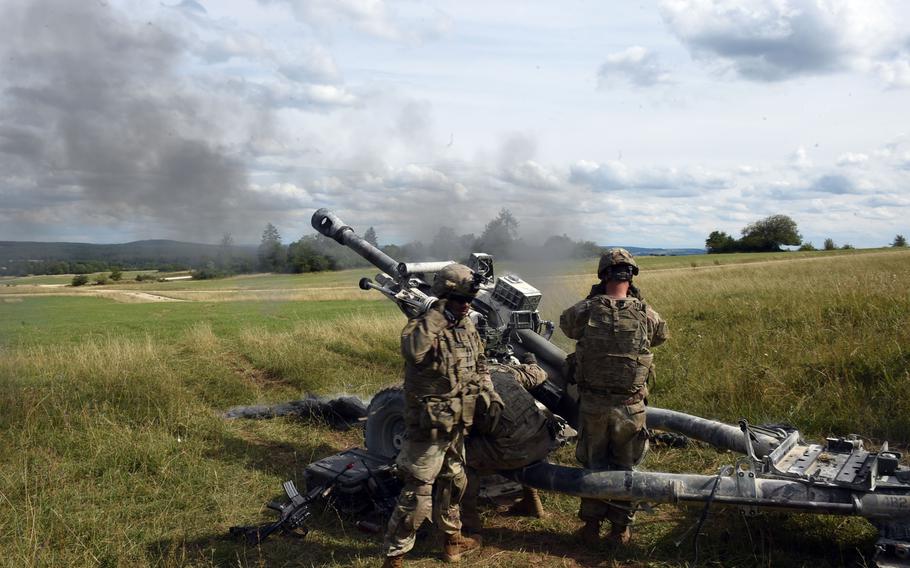 Soldiers fire a 105mm M119-A3 Howitzer during an exercise in Grafenwoehr, Germany, Aug. 13, 2019.