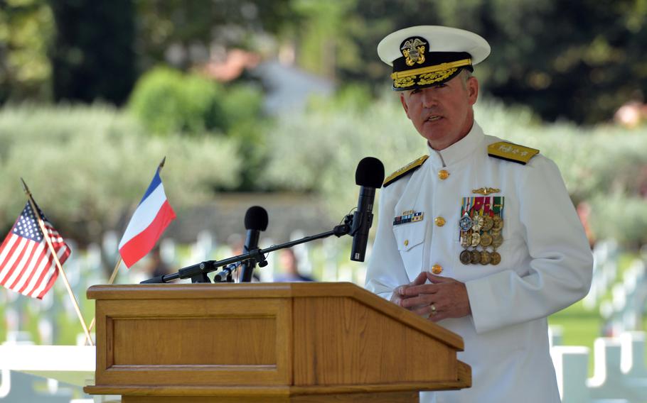 Rear Adm. Matthew Zirkle, U.S. Naval Forces Europe chief of staff, delivers remarks at the ceremony marking the 75th anniversary of Operation Dragoon at Rhone American Cemetery in Draguignan, France, Friday, Aug. 16, 2019.