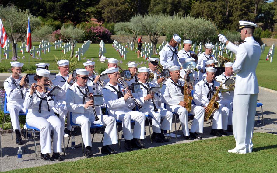 The U.S. Naval Forces Europe Band out of Naples, Italy, performs during the ceremony marking the 75th anniversary of Operation Dragoon at Rhone American Cemetery in Draguignan, France, Friday, Aug. 16, 2019.