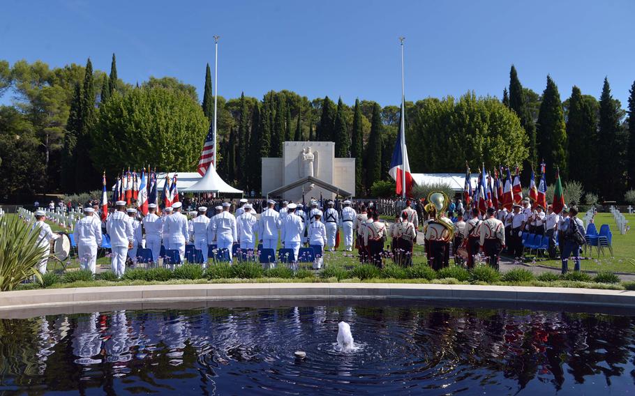 A ceremony is held Friday, Aug. 16, 2019 at the Rhone American Cemetery to mark the 75th anniversary of World War II?s Operation Dragoon in southern France.