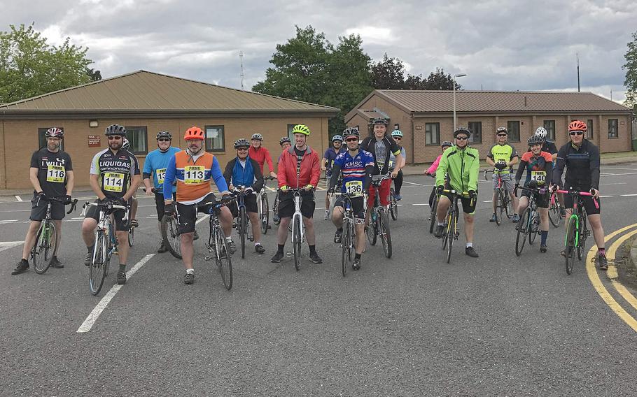 Cyclists who took part in a 24-hour ride on the flight line at RAF Lakenheath to raise awareness of suicide on Saturday, June 16, 2019.