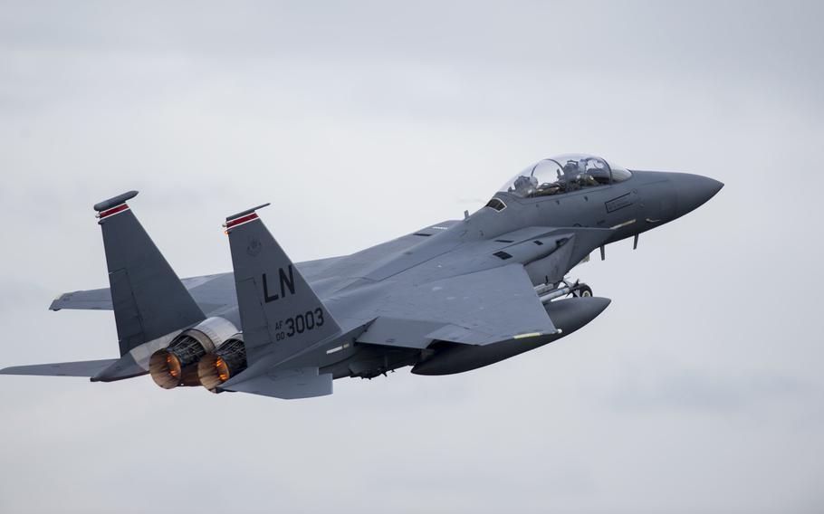 An F-15E Strike Eagle from the 494th Fighter Squadron takes off from RAF Lakenheath, England, Feb. 7, 2018. The squadron received the Raytheon Trophy Aug. 31 in recognition of its overall performance and its Middle East deployment last year.