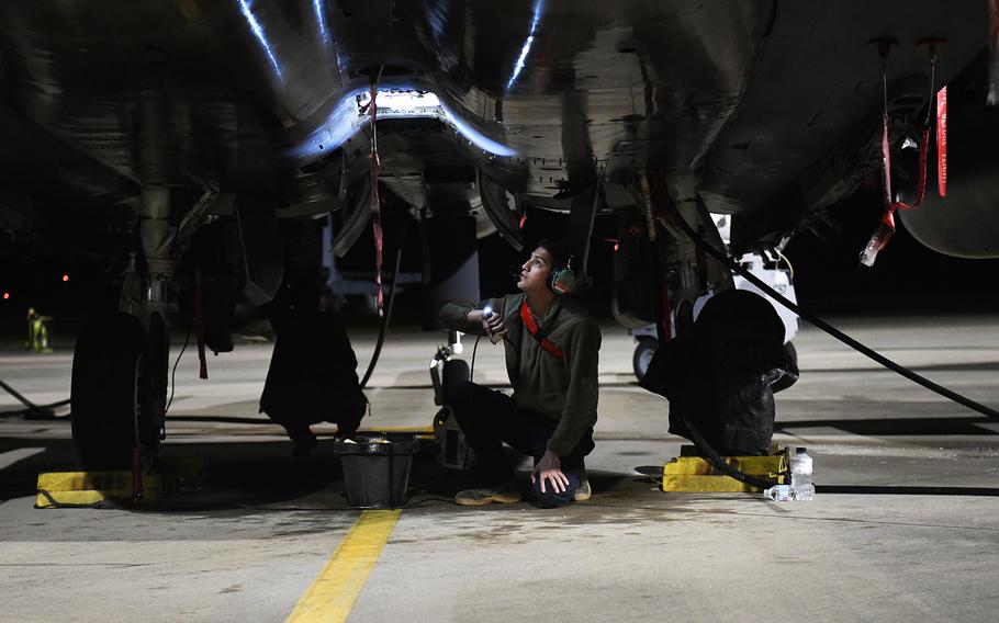 A 494th Aircraft Maintenance Unit crew chief inspects the underbelly of an F-15E Strike Eagle assigned to the 494th Fighter Squadron during exercise Checkered Flag at Tyndall Air Force Base, Fla., May 7, 2019. The Lakenheath, England-based squadron received the Raytheon Trophy Aug. 31 in recognition of its overall performance and its Middle East deployment last year.