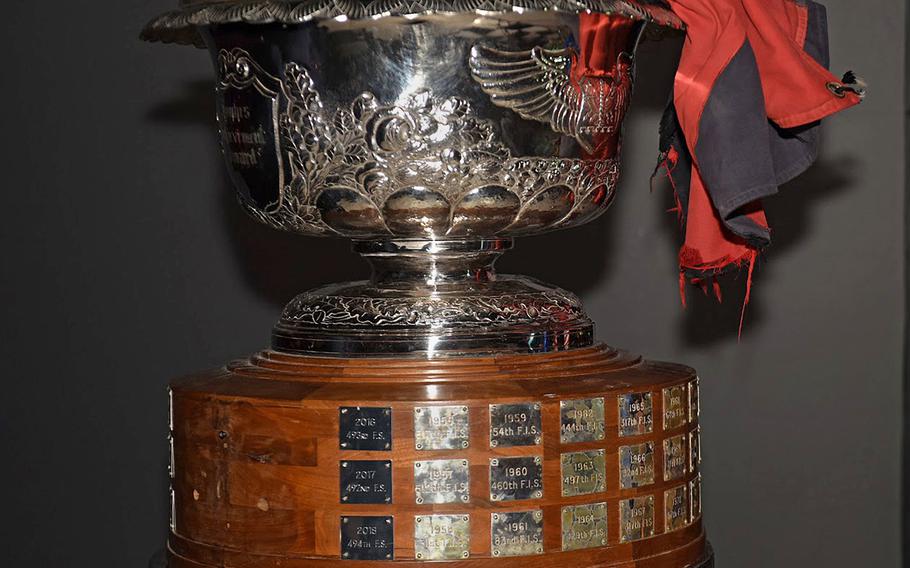 The Raytheon Trophy sits on display at Duxford Imperial War Museum, England, during the award ceremony held Aug 31, 2019. The 494th Fighter Squadron, based at RAF Lakenheath, won the trophy in recognition of its overall performance and its Middle East deployment last year.