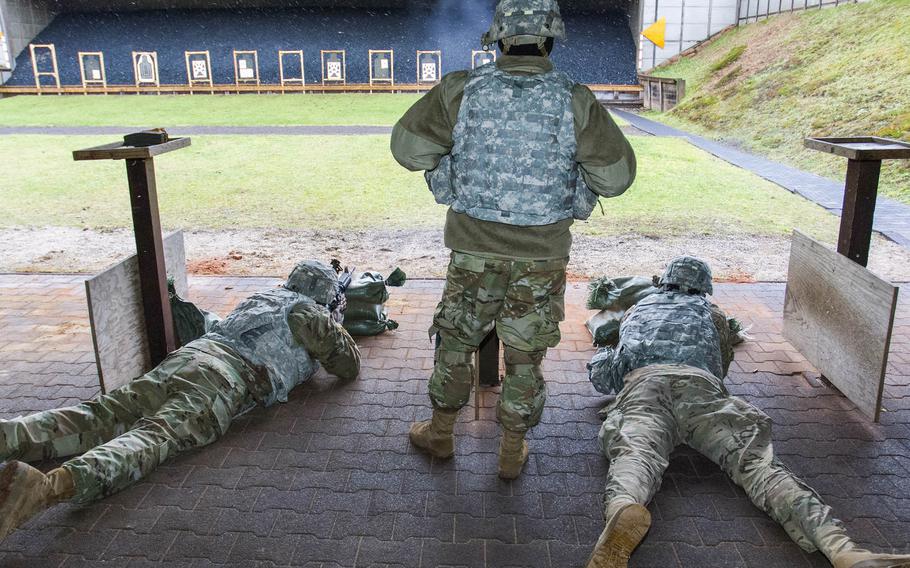 Members of the 18th Military Police Brigade practice shooting on the 25-meter range in Breitenwald Training Area in Landstuhl, Germany, in 2018. Some U.S. Army ranges in Europe will need to be modified in order to meet new, more demanding marksmanship training requirements for soldiers.