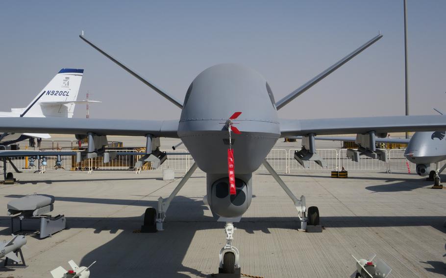 A Pterodactyl-1 at the 2017 Dubai Air Show. Serbia's military will receive Chinese-built Pterodactyl-1 armed drones in the coming months, marking the first time Chinese remotely piloted aircraft have been sold to a European country.