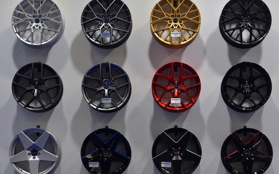 Not only are there cars on display at the IAA, the international car show in Frankfurt, Germany, but also accessories like this selection of alloy wheels from Borbet.