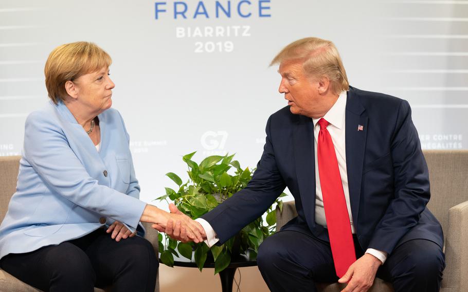 President Donald Trump participates in a bilateral meeting with German Chancellor Angela Merkel on Aug. 26, 2019, in Biarritz, France. A survey conducted by the European Council on Foreign Relations shows that Europeans want to remain neutral in the event of a conflict between the U.S. and Russia.