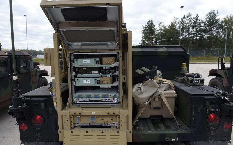 New PoP/SNE communications equipment, mounted on the back of a Humvee, is used by the 173rd Airborne Brigade during Exercise Saber Junction on Friday, Sept. 13, 2019, at Grafenwoehr, Germany. 
