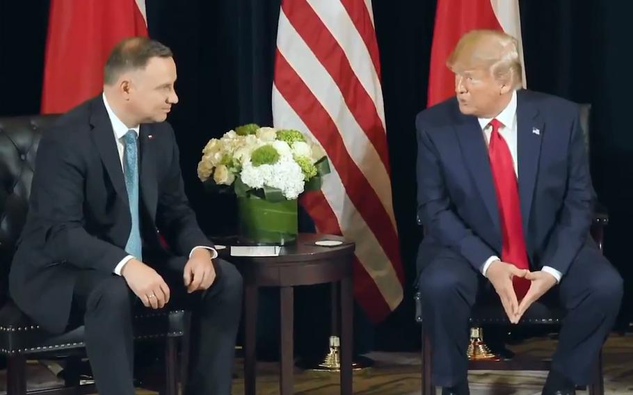 President Andrzej Duda of Poland and President Donald Trump during a meeting in New York, Monday, Sept. 23, 2019, in a screen shot from the White House Twitter account. 