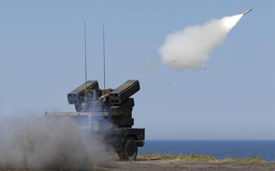 An AN/TWQ-1 Avenger missile system from Battery C, 1st Battalion, 174th Air Defense Artillery Regiment, fires a  missile at a moving target as part of a short-range air defense exercise in Utska, Poland, on June 17, 2019.  A report by the Association of the U.S. Army's Institute of Land Warfare warns that a capability gap between the U.S. and its allies could derail a strategy for fighting future wars.
