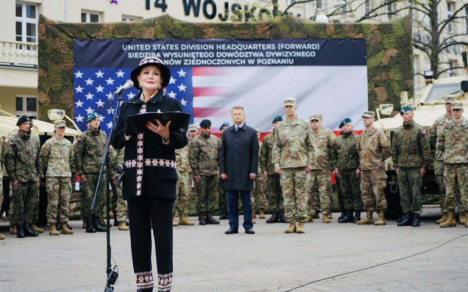 U.S. Ambassador to Poland Georgette Mosbacher speaks at a  ceremony in Poznan, Poland, marking the name change of the U.S. Army's headquarters in the country on Friday, Oct. 4, 2019. The unit is now called 1st Infantry Division (Forward).