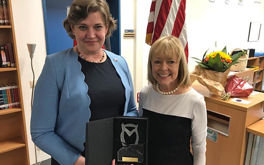 Patricia Hannon, left, a reading specialist at Hohenfels Elementary School in Germany, is pictured with Dell McMullen, the DODEA-Europe director, on Sept. 25, 2019, in Hohenfels, Germany. Hannon is one of five recipients of the NEA Foundation's 2020 Horace Mann Award for Teaching Excellence.