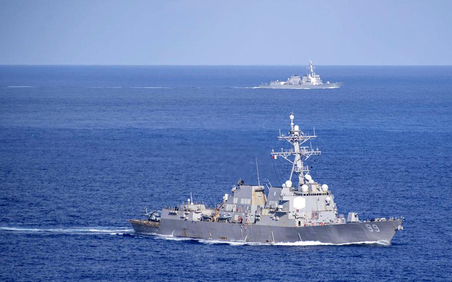 The guided-missile destroyers USS Farragut, front, and USS Lassen transit the Atlantic Ocean, Sept. 16, 2019.