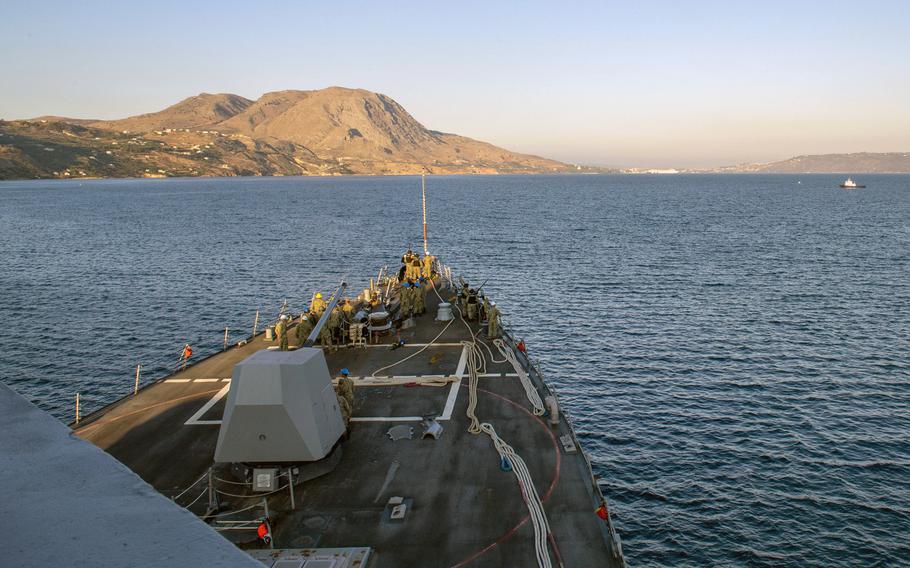The guided-missile destroyer USS Lassen arrives in Souda Bay, Greece for a scheduled port visit, Oct. 1, 2019.