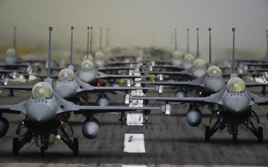 U.S. Air Force 52nd Fighter Wing F-16 Fighting Falcons line up in formation on the runway at Spangdahlem Air Base, Germany, Oct. 1, 2019. The Wing has temporarily grounded F-16 flying operations following Tuesday's crash of one of the wing's F-16s.