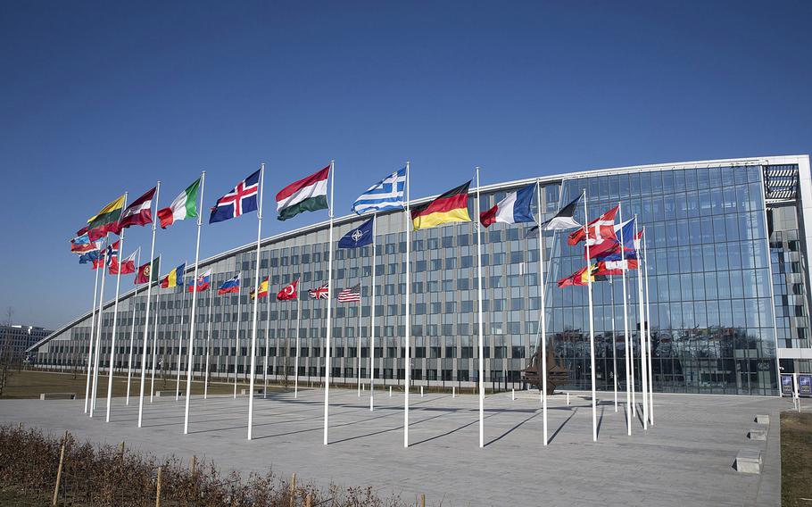 A view of  NATO headquarters in Brussels, Belgium. Turkey's fight against U.S.-backed Kurds in Syria has led lawmakers to question whether the country should be suspended or removed from NATO, but no mechanism exists to do that.