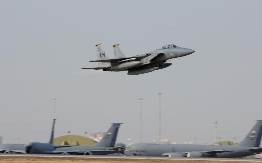 A U.S. Air Force F-15C Eagle takes off from Incirlik Air Base, Turkey. The U.S. is reviewing plans to evacuate tactical nuclear weapons stored at the base, though no decision has yet been made, according to U.S. officials cited in a media report.