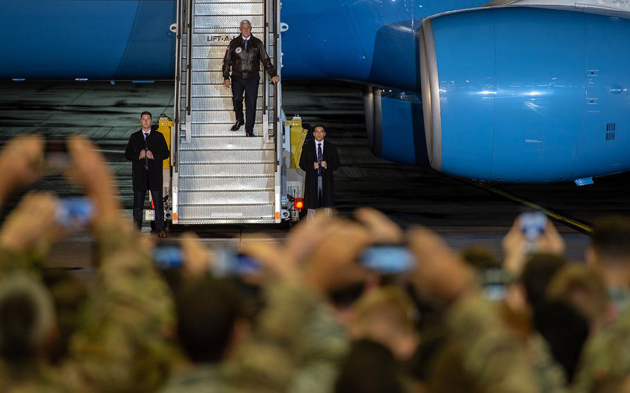 Vice President Mike Pence is greeted by servicemembers at Ramstein Air Base, Germany, early Friday morning, Oct. 18, 2019. Pence stopped at Ramstein on his return flight to the U.S. from Turkey.