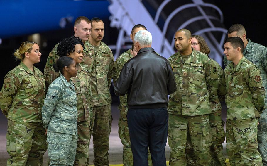 Vice President Mike Pence visits with servicemembers at Ramstein Air Base, Germany, early Friday morning, Oct. 18, 2019. Pence stopped at Ramstein on his return flight to the U.S. from Turkey.