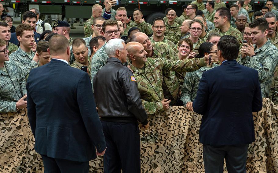 Vice President Mike Pence visits with servicemembers at Ramstein Air Base, Germany, early Friday morning, Oct. 18, 2019. Pence stopped at Ramstein on his return flight to the U.S. from Turkey.