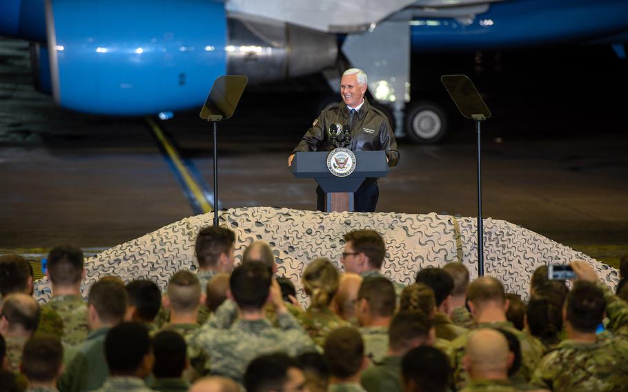 Vice President Mike Pence talks to servicemembers at Ramstein Air Base, Germany, early Friday morning, Oct. 18, 2019. Pence stopped at Ramstein on his return flight to the U.S. from Turkey.