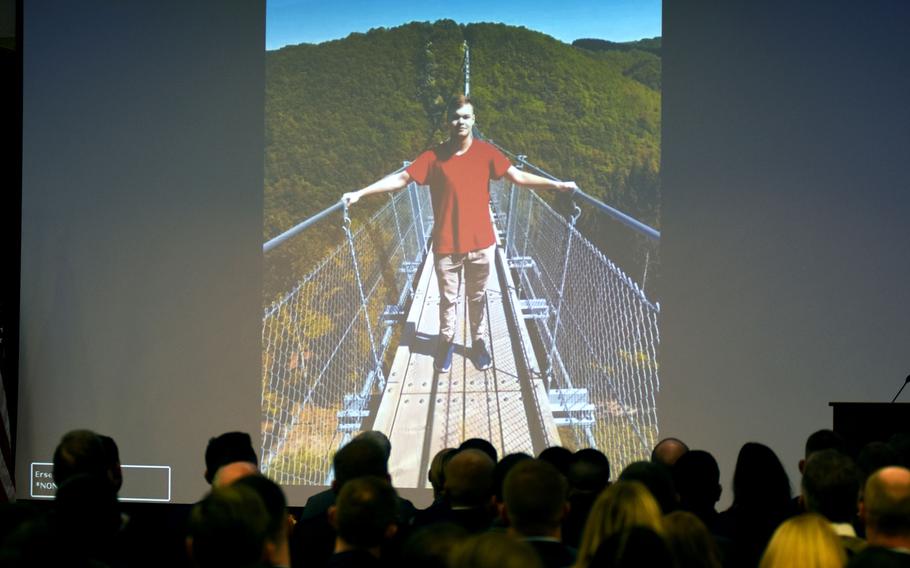 This photograph of Airman 1st Class Jacob A. Blackburn was shown as part of a slideshow during a memorial service for Blackburn and Airman 1st Class Bradley Reese Haile on Tuesday, Oct. 22, 2019, at Spangdahlem Air Base, Germany. The two airmen died in a car crash on base on Sept. 30.