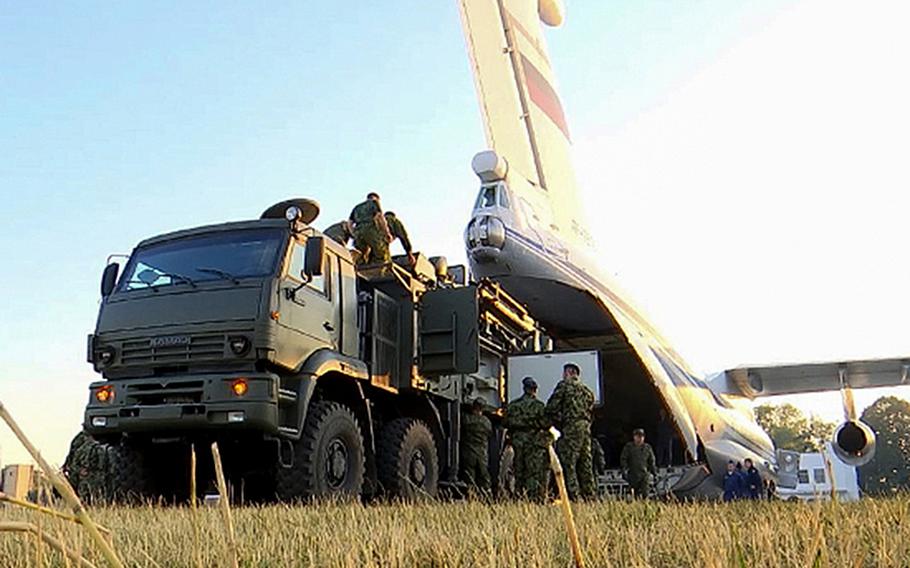 Russian air defense units transfer the S-400 anti-aircraft missile system and the Pantsir-S anti-aircraft missile and gun system to Serbia, in an undated photo, to participate in the joint Russian-Serbian air defense exercise Slavic Shield 2019.