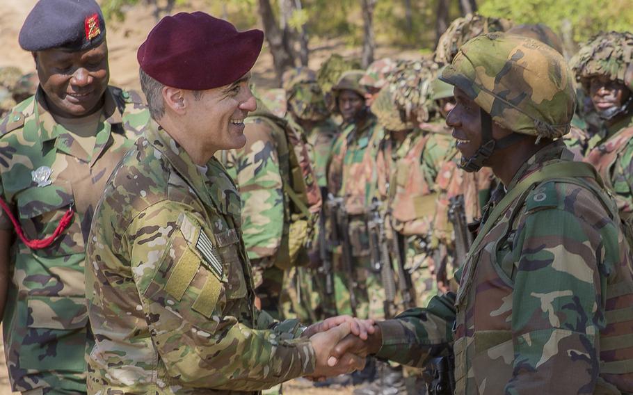 U.S. Africa Command Senior Enlisted Leader Command Chief Master Sgt. Ramon Colon-Lopez congratulates Malawi soldiers on graduating the Malawi Battalion Training Course in Malawi, Africa, May 31, 2018. Colon-Lopez has been named as the next senior enlisted adviser to the chairman of the Joint Chiefs of Staff.