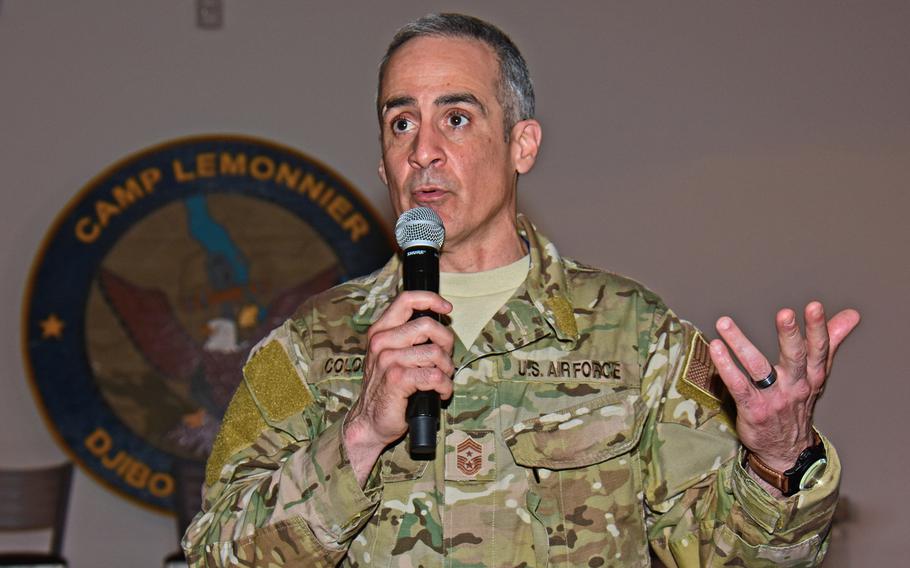 U.S. Africa Command Command Chief Master Sgt. Ramon Colon-Lopez speaks to service members assigned to Combined Joint Task Force-Horn of Africa at Camp Lemonnier, Djibouti, April 27, 2017. Colon-Lopez has been named as the next senior enlisted adviser to the chairman of the Joint Chiefs of Staff.