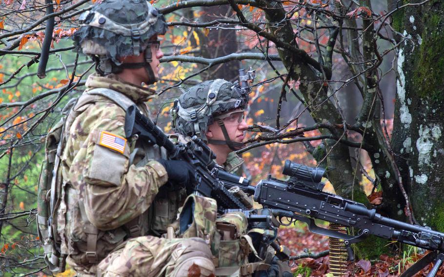 U.S Army soldiers assigned to the 2nd Cavalry Regiment  establish a defensive position during Dragoon Ready in Hohenfels, Germany, Nov. 2, 2019. The exercise is preparing the regiment for an upcoming deployment to the former Eastern bloc, aimed at deterring Russian aggression against the Baltic states and Poland.