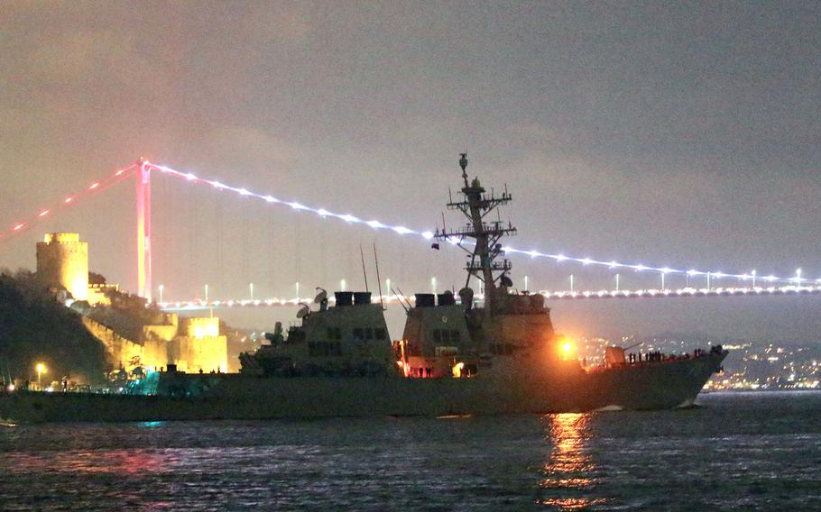 With Istanbul in the background, the USS Donald Cook heads for the Black Sea in January 2019.