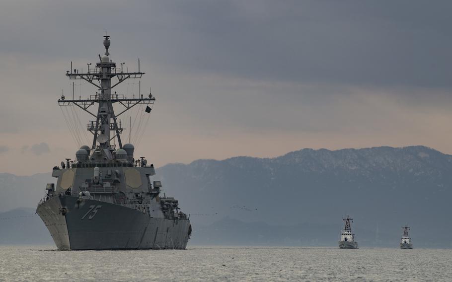 The USS Donald Cook sails alongside Georgian coast guard ships in the Black Sea, Jan. 25, 2019. 

Ford Williams/U.S. Navy