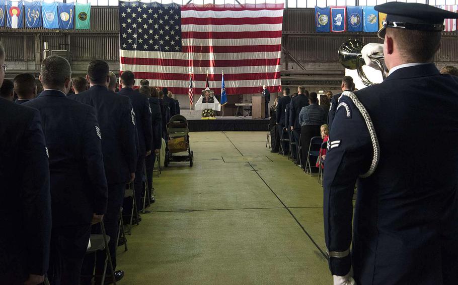 Airman 1st Class Walter Burkart, 52nd Fighter Wing base honor guard member, plays the bugle during Staff Sgt. Tyler Mayfield's memorial service at Spangdahlem Air Base, Germany, Nov. 24, 2019.