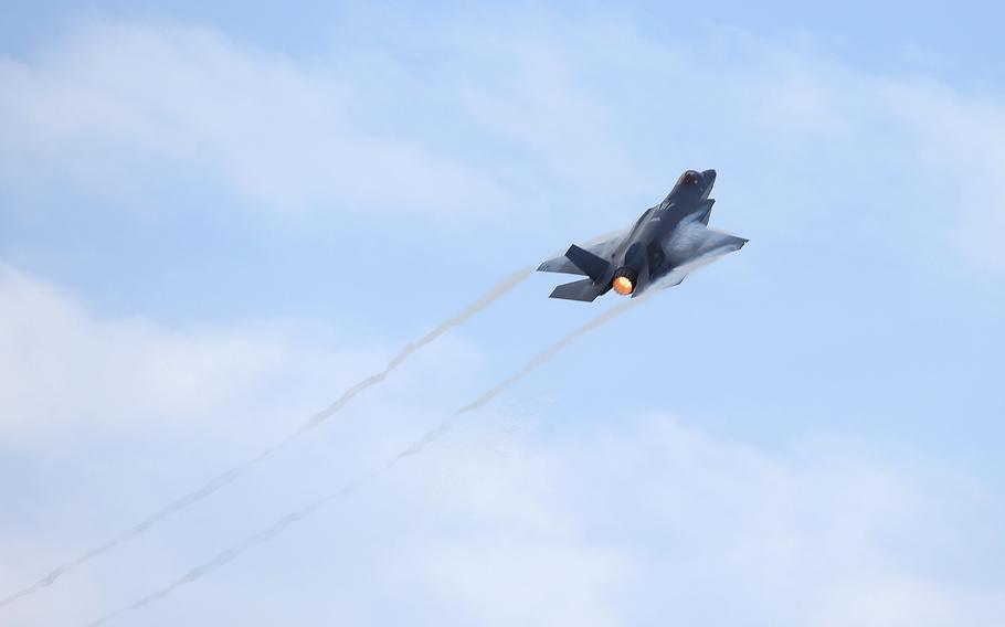 An F-35A flies over Luftforsvarets base in Rygge, Norway, on Nov. 6, 2019, when Norway declared its F-35s operational.