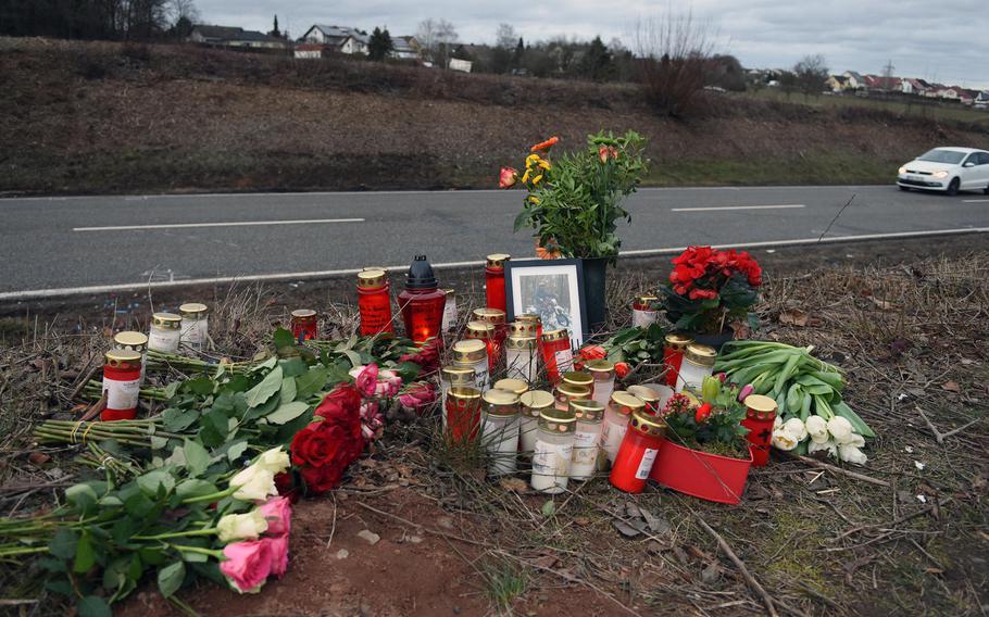 A roadside memorial of flowers and candles was created for a German teen killed in a car crash near Weilerbach, Germany, in February. A Ramstein airman involved in the crash was charged with involuntary manslaughter at a preliminary military hearing on Monday, Dec. 2, 2019.