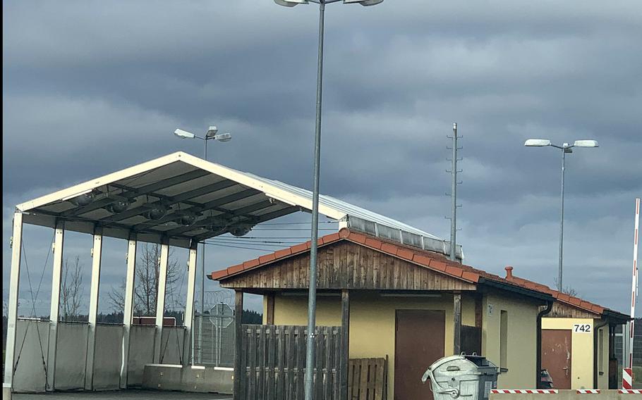 The main gate on Vilseck Army Base, Germany, on Dec. 2, 2019. Three soldiers traveling from Regensburg to Vilseck are accused of doing a runner to avoid paying a hefty taxi fare on Thanksgiving Day.