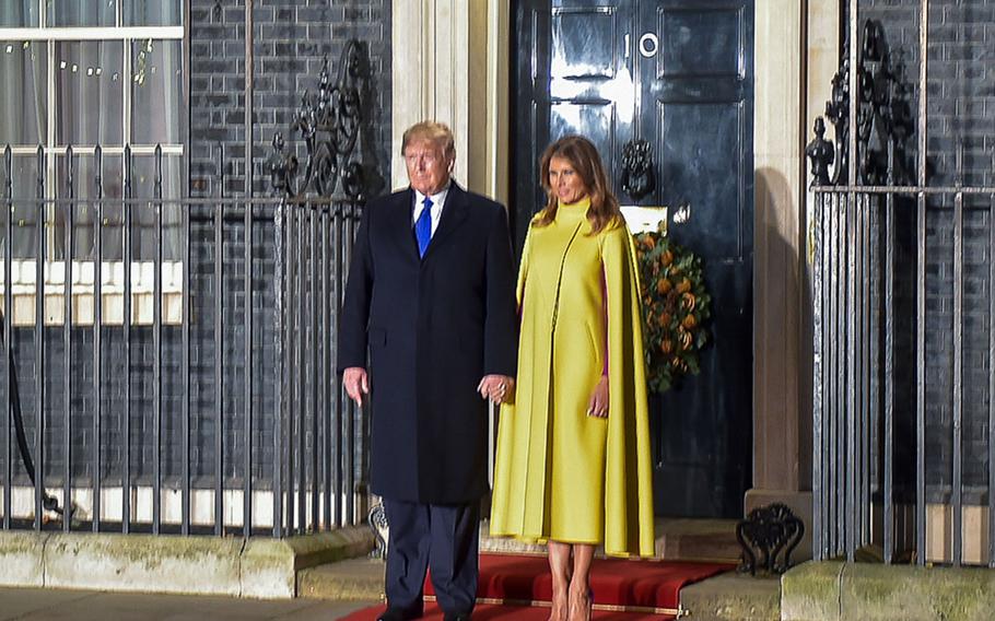 U.S. President Donald Trump and first lady Melania Trump arrive at 10 Downing St. for an informal dinner hosted by British Prime Minister Boris Johnson, Tuesday, Dec. 3, 2019.