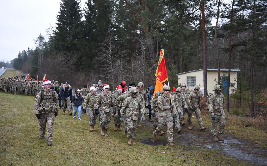 Soldiers march in a toy delivery event at Grafenwoehr, Germany, on Dec. 12, 2019. The soldiers will provide toys to children living at Haus St. Elisabeth in Windischeschenbach, Germany.